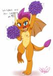 2019 absurd_res anthro areola blue_eyes blush breasts cheerleader dragon fangs female friendship_is_magic genitals hasbro hi_res horn jeglegator my_little_pony mythological_creature mythological_scalie mythology nipples non-mammal_breasts nude open_mouth pom_poms pussy scalie simple_background small_breasts smolder_(mlp) solo tail teeth tongue white_background wings