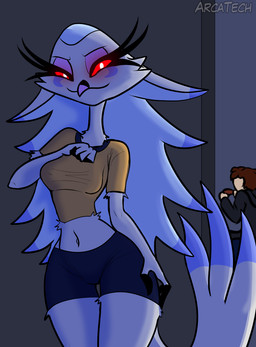 anthro bottomwear breasts clothed clothing duo female flirting flirting_with_viewer hotpants non-mammal_breasts shorts arcatech hellaverse helluva_boss stella_(helluva_boss) avian bird goetia hi_res tagme