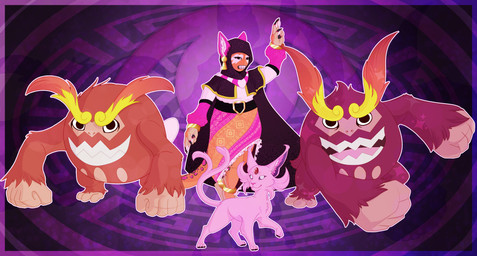 ambiguous_gender anthro feral forehead_gem forked_tail fur gem group pink_body pink_fur pointy_ears prick_ears tail teeth unusual_anatomy unusual_tail namosaga ena:_dream_bbq ena_(series) nintendo pokemon darmanitan domestic_cat eeveelution espeon felid feline felis generation_2_pokemon generation_5_pokemon mammal pokemon_(species) standard_mode_darmanitan absurd_res digital_media_(artwork) hi_res