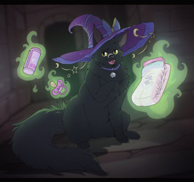 ambiguous_gender baby_powder bell clean_diaper clothing collar diaper dungeon feral folded_diaper hat headgear headwear holding_diaper levitation looking_at_viewer magic open_mouth pacifier paws smile solo teeth touching_diaper witch_hat bubblepuppers domestic_cat felid feline felis mammal hi_res