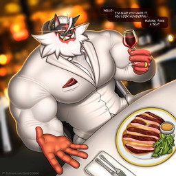 alcohol anthro barazoku beard beverage big_muscles black_body black_fur clothing container cup dialogue dinner dinner_date dinner_plate dinner_table drinking_glass elegant elegant_dress eye_scar facial_hair facial_scar fangs food fur glass glass_container glass_cup hair holding_container holding_cup holding_drinking_glass holding_object holding_wine_glass huge_muscles looking_at_viewer male multicolored_body multicolored_fur muscular muscular_anthro muscular_arms muscular_male pectoral_bulge red_body red_fur scar sharp_teeth smile smiling_at_viewer solo speech_bubble suit teeth text thick_arms tight_clothing white_beard white_body white_clothing white_facial_hair white_fur white_hair white_suit wine wine_glass solard0gg0 nintendo pokemon ans_(solard0gg0) generation_7_pokemon incineroar pokemon_(species) english_text hi_res