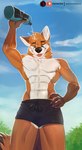 anthro cloud countershading day detailed_background male outside sky skyscape smile solo teeth tongue nerton canid canine fox mammal 2021 absurd_res digital_media_(artwork) hi_res