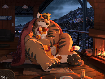 anthro bedding black_hair black_markings blanket blonde_hair brown_body brown_fur brown_hair cheek_tuft closed_smile crotch_tuft duo eyes_closed facial_tuft fireplace fur hair hug hugging_another hugging_from_behind inside male markings mouth_closed multicolored_hair muscular muscular_anthro muscular_male nude orange_body orange_fur red_hair red_markings sitting slight_smile smile striped_arms striped_legs tuft two_tone_hair white_body white_fur pache_riggs kyo_(kiasano) nick_(crunchynacho) felid mammal mustelid otter pantherine tiger absurd_res hi_res