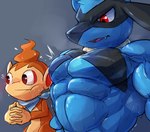 2021 abs absurd_res anthro big_muscles big_pecs blush bodily_fluids chimchar duo emanata flexing flustered generation_4_pokemon girl_staring_at_man's_chest grey_background hi_res looking_at_chest looking_away looking_down male meme muscular muscular_anthro muscular_male musk nintendo obliques pecs pokemon pokemon_(species) pokemon_mystery_dungeon riolu simple_background spike_chunsoft sweat sweatdrop vein veiny_muscles waddledox