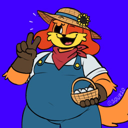 anthro basket belly big_belly cheek_tuft clothing container egg facial_tuft flower gesture gloves hand_gesture handwear hat headgear headwear kerchief male neckerchief neckwear one_eye_closed orange_body overalls overweight overweight_male plant purple_background simple_background smile solo straw_hat sunflower tight_clothing tuft v_sign wink an0malyz3r0 mob_entertainment poppy_playtime smiling_critters dogday_(poppy_playtime) canid canine canis domestic_dog mammal 1:1 hi_res