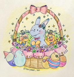 anthro biped blush bow_tie chibi clothing dot_eyes easter_egg group hat headgear headwear holidays micro simple_eyes gb_hattahatta easter gamba_no_bouken gamba_no_bouken_(series) ganba ikasama lagomorph leporid mammal mouse murid murine rabbit rodent 2026 hi_res