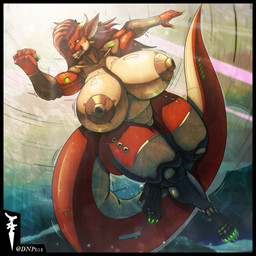 anthro big_breasts breasts claws clothing cybernetics huge_breasts huge_thighs legwear machine muscular nipples red_body red_skin solo thick_thighs thigh_highs dnp101 mythology cyborg dragon mythological_creature mythological_scalie scalie 1:1 hi_res