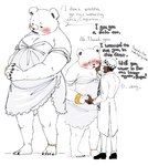 anthro belly blush blush_lines clothed clothing crossdressing dress duo embarrassed fur hat headgear headwear human_on_anthro interspecies male male/male overweight text white_body white_fur nekokat42 one_piece bepo_(one_piece) trafalgar_law bear human mammal polar_bear ursine english_text hi_res