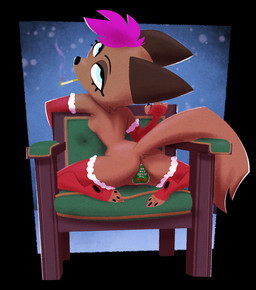 anthro arched_back back_boob barely_visible_genitalia barely_visible_vulva biped breasts brown_body brown_fur bubble_butt butt camel_toe chair cheek_tuft christmas_clothing christmas_gift cigarette clothing eyelashes facial_tuft female fingerless_gloves fluffy fluffy_tail fur furniture genitals gloves hair half-closed_eyes handwear head_tuft holidays kneeling_on_chair looking_at_viewer looking_back looking_back_at_viewer mostly_nude narrowed_eyes on_chair pawpads purple_hair pussy_sticker rear_view small_breasts small_waist smoking smoking_cigarette snow solo tail tail_aside tail_base_tuft toeless_thigh_highs tuft vulva wide_hips pusszone christmas audrey_(pusszone) canid canine fox mammal hi_res