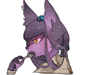 anthro clothed clothing cutlery eating female food fork fur hair kemono kitchen_utensils multicolored_hair open_mouth pawpads purple_hair simple_background solo teeth tools white_background yellow_eyes idkuroi noire_kooshe domestic_cat felid feline felis mammal 2018
