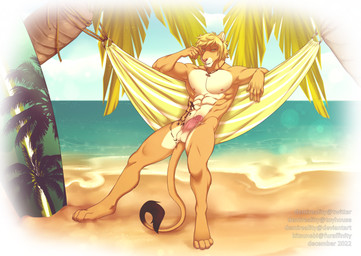 abs anthro balls blonde_hair bodily_fluids dripping erection genital_fluids genitals green_eyes hair hammock leaf logo looking_at_viewer male muscular muscular_anthro muscular_male nipples nude orange_body outside palm_tree pecs penis plant precum precum_drip red_penis smile solo spread_legs spreading tan_balls tan_body teeth tree demireality felid lion mammal pantherine 2022 artist_logo dated hi_res