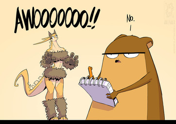 ambiguous_gender annoyed anthro brown_body clothed clothed_anthro clothed_female clothing costume dialogue duo eyebrows female howl nude paper simple_background tablet tan_body text unibrow yellow_background yellow_body conditional_dnp jollyjack jolly_jack_(character) lemony_(jollyjack) cricetid hamster mammal rodent scalie 2026 english_text male_(lore)