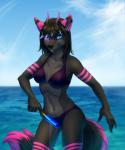 anthro bikini black_nose blue_eyes clothing day detailed_background female food hair holding_object horn long_hair looking_at_viewer navel nipple_outline outside popsicle question_mark seascape sky solo standing swimwear two-piece_swimsuit water littlemomoko luxy canid canine canis mammal wolf 5:6 hi_res