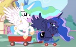 cutie_mark duo feathered_wings feathers female feral hair horn multicolored_hair princess royalty scooter vehicle wagon wings beavernator friendship_is_magic hasbro my_little_pony mythology princess_celestia_(mlp) princess_luna_(mlp) equid equine mammal mythological_creature mythological_equine winged_unicorn 16:10 2013 absurd_res hi_res widescreen