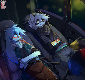 5_fingers adhesive_bandage anthro belt blush car cellphone detailed_background duo electronics facial_markings fingers fur hair head_markings inside_car inside_vehicle logo male male/male markings mask_(marking) multicolored_body multicolored_fur neck_tuft phone rabbit_ears scarf sitting tuft vehicle visible_underwear white_body white_fur axy_usagi axy_(axy_usagi) jean_(axy_usagi) lagomorph leporid mammal procyonid rabbit raccoon artist_logo hi_res