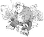 anthro belly biped bottomwear clothing eyes_closed humanoid_hands kemono male mature_male overweight overweight_male pants shirt sitting solo topwear yamakake felid lion mammal pantherine 2022 hi_res monochrome