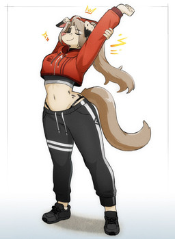 anthro bottomwear clothed clothed_anthro clothed_female clothing cropped_hoodie female floppy_ears footwear hair midriff navel pants ponytail shoes simple_background sneakers solo stretching sweatpants tail thong_straps white_background wide_hips 00niine tommi_(dndtinel) canid canine canis domestic_dog mammal hi_res