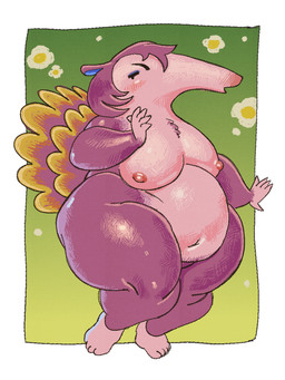 4_toes 5_fingers anthro big_breasts black_eyes blue_eyeshadow blue_inner_ear border breast_tuft breasts countershade_torso countershading dipstick_tail eyeshadow feet female female_anthro fingers fur glistening glistening_breasts glistening_legs glistening_thighs gloves_(marking) gradient_background green_background hair leg_markings looking_at_viewer makeup markings navel nipples nude nude_anthro nude_female open_mouth orange_tail_tip overweight overweight_anthro overweight_female purple_body purple_ears purple_fur purple_hair purple_tail red_nipples simple_background socks_(marking) solo tail tail_markings tan_body tan_breasts tan_countershading tan_feet tan_hands tan_tuft thick_thighs toes tuft white_border capcognito animal_crossing nintendo snooty_(animal_crossing) anteater mammal pilosan xenarthran 3:4 digital_media_(artwork) hi_res shaded