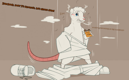 anthro blue_eyes blush buckteeth candy chocolate chocolate_bar clothing dessert eating food footwear fur male shirt shoes shrinking size_transformation solo species_transformation teeth topwear transformation whiskers white_body white_fur yuniwolfsky the_witches mammal murid murine rat rodent