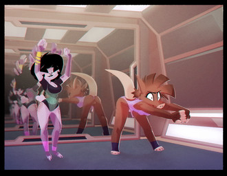 4_ears ankle_band anthro anus big_breasts breasts brown_body bubble_butt butt cleavage clothed clothing duo feet female fluffy fluffy_tail genitals hair leotard mohawk multi_ear paws pink_body raised_tail short_hair short_tail small_breasts small_feet small_waist stretching tail thick_tail unwanted_exposure vulva wardrobe_malfunction wide_hips yoga pusszone tiana_(pusszone) aardvark alien mammal hi_res