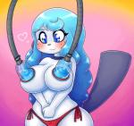 anthro anthrofied areola big_areola big_breasts big_nipples blue_eyes blue_hair blue_nipples blush bodily_fluids breast_milking breasts clothing female freckles hair huge_breasts lactating machine milk milking_machine nipples nude panties pokemorph simple_background smile solo underwear basketgardevoir nintendo pokemon celeste_(basketgardevoir) generation_5_pokemon mammal oshawott pokemon_(species) digital_media_(artwork) hi_res