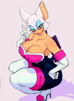 anthro big_breasts big_butt blush breasts butt clothed clothing crouching eyeshadow female fur gesture gloves hand_gesture handwear looking_at_viewer makeup simple_background sitting smile solo squatting_pose tail thick_thighs v_sign wide_hips wings deentag sega sonic_the_hedgehog_(series) rouge_the_bat bat mammal digital_media_(artwork) hi_res