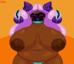 anthro areola big_areola big_breasts breasts brown_body brown_hair brown_skin choker cleavage clothed clothing dark_areola dark_body dark_hair dark_nipples dark_skin eyes_closed female front_view furgonomics hair hood huge_breasts jewelry markings mole_(marking) navel necklace nipples open_mouth overweight overweight_anthro overweight_female panties ribbons shadow_face solo standing surprise topless underwear spinneborg arc_system_works blazblue minakaka_(spinneborg) animal_humanoid cat_humanoid felid felid_humanoid feline feline_humanoid humanoid kaka_(blazblue) mammal mammal_humanoid 2021 digital_media_(artwork) half-length_portrait pixel_(artwork) portrait