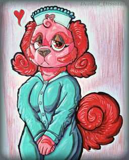 anthro clothing female half-closed_eyes headgear headwear narrowed_eyes nurse_clothing nurse_headwear nurse_uniform pink_body solo uniform deidad_dissitum animal_hospital roblox nurse_(animal_hospital) canid canine canis domestic_dog mammal hi_res painting_(artwork) traditional_media_(artwork) traditional_painting_(artwork)
