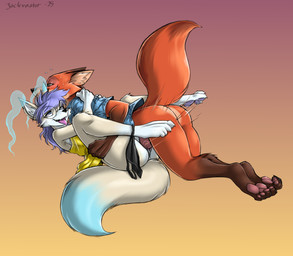 andromorph anthro biped black_clothing black_panties black_underwear bottomless bottomless_anthro clothed clothed_sex clothing clothing_around_one_leg duo erection eyewear from_front_position glasses hair happy happy_sex intersex intersex/male legs_up looking_pleasured lying male mating_press missionary_position on_back panties panties_around_one_leg panties_down partially_clothed penetration penile penile_penetration penis_in_vagina purple_hair round_glasses sex thrust_lines tongue tongue_out underwear underwear_around_one_leg underwear_down vaginal vaginal_penetration jackunator disney zootopia lloxie_(character) nick_wilde canid canine fox mammal phasefox red_fox true_fox absurd_res hi_res nonbinary_(lore)