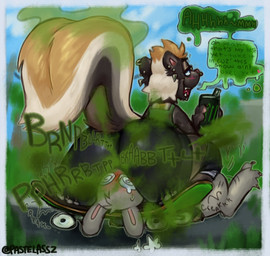 alternative_fashion ambiguous_gender anthro barbell_piercing big_butt blush bodily_fluids bottomwear butt can circular_barbell_piercing clothing container dialogue dizzy_eyes duo ear_piercing facesitting facial_piercing fart fart_cloud fart_fetish farting_on_face fluffy fluffy_tail gas gassing gassy grass green_fart_cloud hair holding_can holding_container holding_object knee_pads male musk nose_piercing open_mouth piercing plant public punk relieved septum_circular_barbell septum_piercing shirt shorts sitting sitting_on_another skateboard smelly sweat tail talking_to_another tank_top text topwear tree vehicle pastelassz monster_energy ollie_(pastelassz) lagomorph leporid mammal mephitid rabbit skunk absurd_res english_text hi_res nonbinary_(lore)