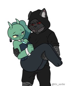 4_fingers 5_fingers accessory anthro bandage bandaged_arm bandaged_leg black_body black_bottomwear black_clothing black_fur black_hair black_pants blue_eyes blush bottomwear carrying_another clothed clothing cuff_(restraint) duo ear_piercing ear_ring female fingers fur green_body green_fur green_hair hair hood hoodie horn inner_ear_fluff looking_at_another male male/female necktie pants piercing red_eyes restraints ring_piercing shirt simple_background size_difference smile topwear tuft white_background wrist_cuffs us_sorbet pholi takkun_(takkun7635) bombay_cat domestic_cat felid feline felis lagomorph leporid mammal rabbit hi_res