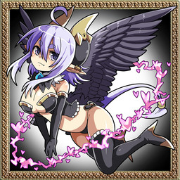 black_wings clothing cute_fangs fangs feathered_wings feathers female gradient_background hair horn pattern_background purple_eyes purple_hair simple_background solo teeth wings mofuaki humanoid winged_humanoid 1:1 2014 2015 alternate_version_at_source