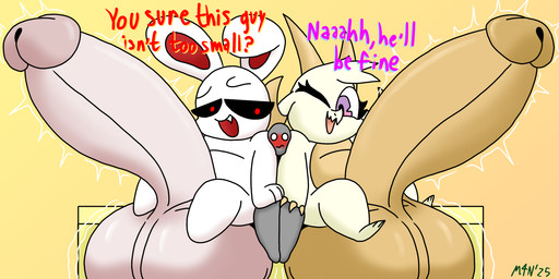 anthro aroused aroused_face aroused_smile balls big_balls big_penis blush dialogue fangs genitals group hand_on_knee hand_on_leg hand_on_thigh held_in_place horn huge_balls huge_penis hyper hyper_balls hyper_genitalia hyper_penis imminent_sex male male/male penis pinned sitting size_difference smile smiling_at_another squish talking_to_another talking_to_partner teeth throbbing throbbing_penis trio m4n chikn_nuggit mythology anon fwench_fwy_(chikn_nuggit) iscream_(chikn_nuggit) demon dragon human lagomorph leporid mammal mythological_creature mythological_scalie rabbit scalie hi_res