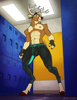 abs alternate_species anthro antlers backwards_baseball_cap backwards_hat baseball_cap bottomwear bulge clothed clothing detailed_background detailed_bulge fingerless_gloves genital_outline gloves handwear hat headgear headwear hooves horn locker locker_room low-angle_view male muscular muscular_anthro muscular_male navel nipple_piercing nipples pants penis_outline piercing smile solo sweatpants tight_clothing topless topless_male kihu evan_(kihu) deer mammal 2020