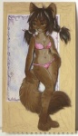 4_toes anthro bikini biped brown_body brown_eyes brown_fur brown_hair claws clothed clothing feet female front_view fur hair hand_on_hip looking_aside photographed_drawing pigtails skimpy solo spots standing swimwear tail tan_body tan_fur toes two-piece_swimsuit nekoart felid mammal traditional_media_(artwork)