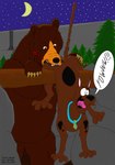 ambiguous_gender bite blood bodily_fluids brown_body brown_fur butt butt_bite collar dialogue duo feral fur male markings moon night pain plant raised_tail speech_bubble spots spotted_markings star tail text tree tatsu-okami hanna-barbera scooby-doo_(series) warner_brothers scooby-doo bear brown_bear canid canine canis domestic_dog great_dane grizzly_bear mammal mastiff molosser ursine 2023 dated digital_media_(artwork) hi_res