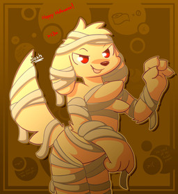 anthro chest_tuft claws clothed clothing costume crotch_lines disguise fangs featureless_crotch finger_claws floppy_ears fur hair halloween_costume highlights_(coloring) holidays looking_at_viewer male mummy_costume mummy_wrappings nude red_eyes red_highlights simple_background smile solo tail teeth text thighs_together toilet_paper tongue tongue_out tuft warm_light warm_lighting wide_hips yellow_body conditional_dnp joxh halloween sol_(joxh) bird_dog canid canine canis domestic_dog golden_retriever hunting_dog mammal retriever artist_name digital_media_(artwork) english_text hi_res shaded warm_colors