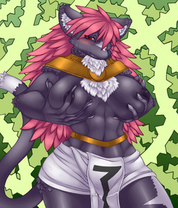anthro big_breasts blush breasts chest_tuft claws fangs female fur hair looking_at_viewer nipples nude open_mouth pink_hair red_eyes solo tail teeth tuft wide_hips unknown_artist king_of_thorn zeus_female zeus_genus source_request