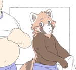 anthro belly big_belly black_nose blush bottomwear brown_body clothing duo kemono male overweight shirt shorts simple_background slightly_chubby topwear undressing young inunoshippo ailurid mammal red_panda 2024 hi_res