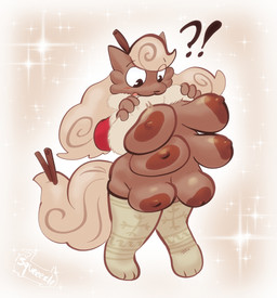 6_breasts 6_nipples anthro big_breasts blush bottomless breasts brown_body brown_eyes brown_fur clothed clothing clothing_lift confusion female fur implied_transformation interrobang legwear looking_at_breasts multi_breast multi_nipple nipples shirt shirt_lift solo standing thigh_highs topwear squeeezle hi_res