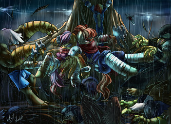 armor axe bandage banner battle beak blue_body blue_fur bottomwear bound bracelet brown_body brown_fur clothed clothing cuff_(restraint) detailed_background electricity eyes_closed feathered_wings feathers female fight fur group hair hood jewelry lightning mask melee_weapon mountain mud multicolored_hair outside pants pink_hair puddle rainbow_hair raining red_eyes red_hair restraints scarf shackles shield shirt shorts skinsuit tail tight_clothing topwear weapon wings yellow_body yellow_fur atryl friendship_is_magic hasbro my_little_pony mythology fan_character ponryu rainbow_dash_(mlp) striderloo avian equid equine gryphon mammal mythological_avian mythological_creature mythological_equine pegasus 2012 digital_media_(artwork)