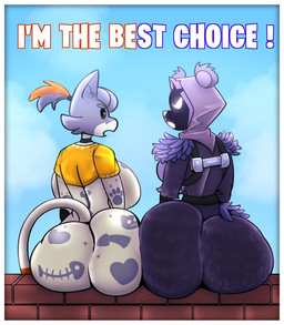 anthro arm_tuft beady_eyes big_breasts big_butt black_eyes border bottomless breasts butt cheek_tuft clothed clothing duo empty_eyes facial_tuft female fur huge_breasts huge_butt markings obscured_face open_mouth purple_body purple_fur purple_hood purple_markings rear_view shoulder_tuft sitting text thick_thighs topwear tuft white_body white_border white_eyes white_fur wide_hips yellow_clothing yellow_topwear lewdabis epic_games fortnite cate_meowdy raven_team_leader bear domestic_cat felid feline felis mammal hi_res