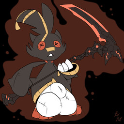 animal_genitalia anthro balls big_balls big_sheath biped buckteeth button_(fastener) button_eyes cheek_tuft clothed clothing digitigrade facial_tuft front_view genitals holding_melee_weapon holding_object holding_polearm holding_scythe holding_weapon huge_balls hyper hyper_balls hyper_genitalia male melee_weapon plushie polearm scythe sheath simple_background solo standing teeth tuft weapon white_body fuf nintendo pokemon animate_inanimate banette generation_3_pokemon generation_8_pokemon hybrid living_plushie pokemon_(species) scorbunny 1:1 2019 hi_res