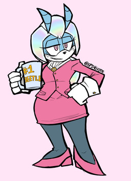 5_fingers antennae_(anatomy) anthro black_clothing black_leggings black_legwear black_nose blue_body bottomwear breasts brooch clothing coffee_mug collared_shirt container cuffs_(clothing) cup dress_shirt female fingers footwear forced_smile gloves half-closed_eyes hand_on_hip handwear headgear headwear high_heels holding_container holding_cup holding_mug holding_object leggings legwear mug narrowed_eyes pink_background pink_bottomwear pink_clothing pink_dress_shirt pink_eyes pink_footwear pink_high_heels pink_shirt pink_skirt pink_topwear shirt shoes simple_background skirt small_breasts smile solo text tired_eyes topwear white_clothing white_face white_gloves white_handwear wide_hips spingfire idw_publishing sega sonic_the_hedgehog_(comics) sonic_the_hedgehog_(idw) sonic_the_hedgehog_(series) jewel_the_beetle arthropod beetle insect 2026 english_text hi_res watermark