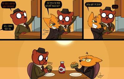 angry anthro bedroom_eyes burger canon_couple clothed clothing duo eating eyewear fangs food fur furniture glasses half-closed_eyes hat headgear headwear hug humor inside interspecies jacket ketchup kitchen male male/male narrowed_eyes necktie pun seductive table teeth text topwear omny87 night_in_the_woods angus_delaney gregg_lee bear canid canine fox mammal comic english_text