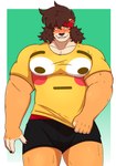 anthro blush clothing ear_piercing flustered_face_emoji flustered_face_emoji_t-shirt holding_clothing holding_object kerchief male muscular piercing solo underwear hanzo_matsumoto bulging_smiley_shirt_meme meme_clothing hanzo_(hanzo_matsumoto) felid lion mammal pantherine absurd_res hi_res meme