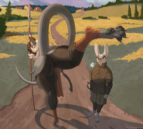 4_toes ambiguous_gender anthro balancing_on_foot barefoot belt big_butt breath brown_eyes building butt butt_tuft camel_toe claws clothed clothing cloud curved_sword detailed_background dirt_road duo ears_up epee_(sword) eyebrows facial_markings feet female front_view frowning_at_viewer fully_clothed fur grass grey_body grey_fur hair head_markings high_collar holding_object holding_weapon house larger_female leg_wrap leg_wraps long_hair long_sleeve_shirt long_tail looking_at_viewer markings mask_(marking) melee_weapon motion_lines on_one_leg outside pawpads plant polearm presenting presenting_hindquarters raised_tail rear_view road rock size_difference sky spear standing sword tail thick_thighs tight_clothing toes tree tuft village weapon white_body white_fur white_hair wraps hiverdose aupin_(hiverdose) solena_(hiverdose) hare lagomorph leporid mammal unknown_species digital_media_(artwork) hi_res