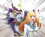 blush dialogue duo female horn jewelry male speech_bubble text chuurow lifewonders tokyo_afterschool_summoners astarte_(tas) bael_(tas) canid canine canis demon horned_humanoid humanoid jackal mammal 6:5 comic english_text