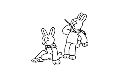 ambiguous_gender angry anthro clothed clothing duo fully_clothed hitting hoodie pain sad self-harm standing toony topwear violence dvoykin hare lagomorph leporid mammal rabbit 16:9 2024 animated hi_res short_playtime sketch widescreen