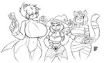 anthro big_breasts breasts cleavage clothed clothing cookie eating eyes_closed female food group gun hat headgear headwear huge_breasts midriff navel obscured_eyes ranged_weapon smile standing text thick_thighs trio weapon wide_hips witch_hat lunarspy animal_crossing metroid nintendo pokemon ankha_(animal_crossing) kurimi_(lunarspy) samus_aran shi_yu_(lunarspy) tia_(lunarspy) absol bear domestic_cat felid feline felis generation_3_pokemon giant_panda mammal pokemon_(species) 2022 hi_res monochrome signature